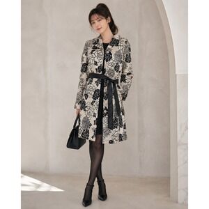 Just In Time Floral Trench Coat Cream Black Satin Duster Leather Belt Med
